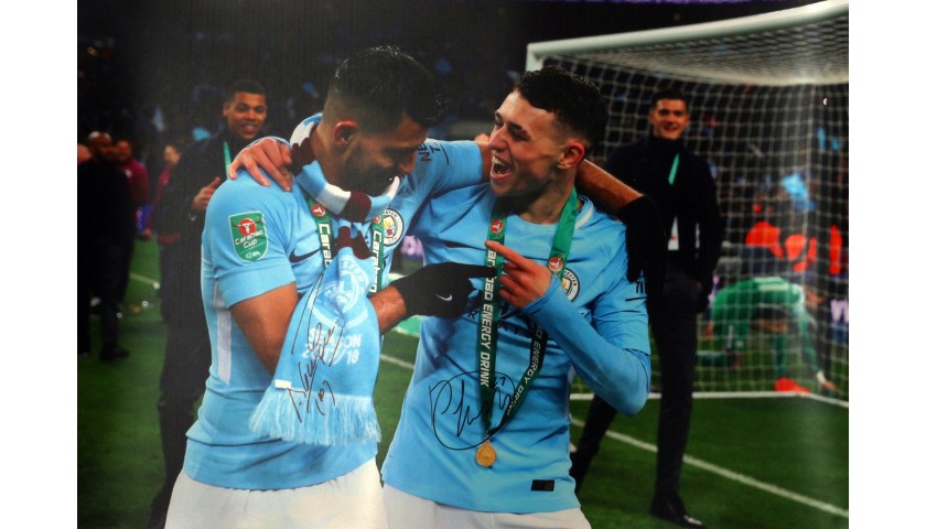 Signed Photograph of Manchester City's Sergio Aguero and Phil Foden, Caraboa Cup Final 2018