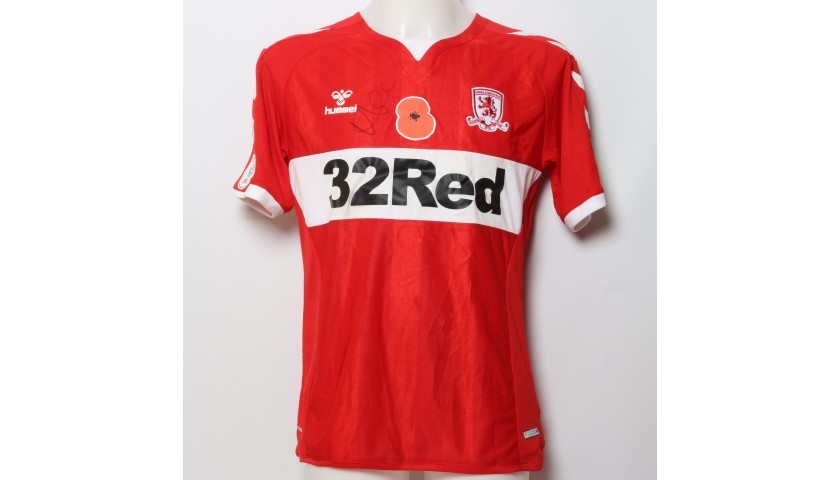 Aden Flint's Middlesbrough Worn and Signed Home Poppy Shirt 