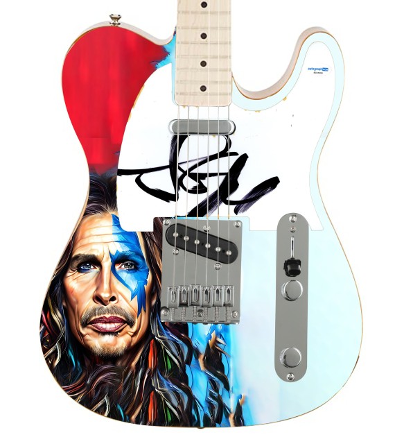 Steven Tyler degli Aerosmith ha firmato la chitarra grafica Fender Tele "Warrior of Sound".