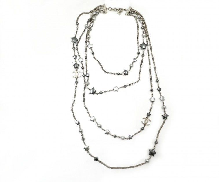 Chanel Silver CC Grey Stars Chain Necklace