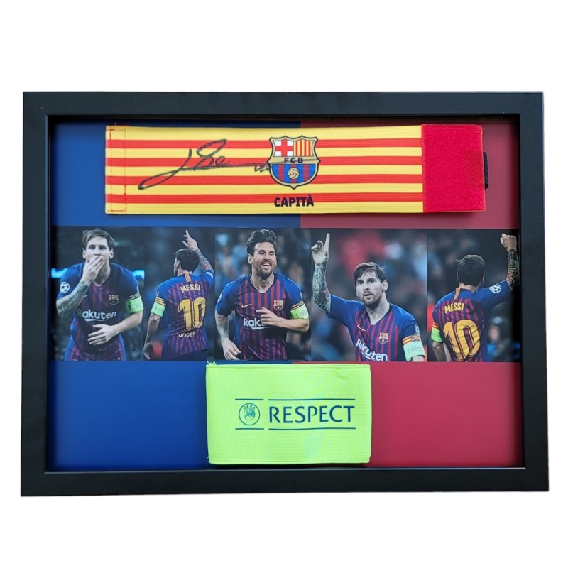 Framed UCL Captain's Armband "Respect" + Barcelona Captain's Armband - Signed by Lionel Messi