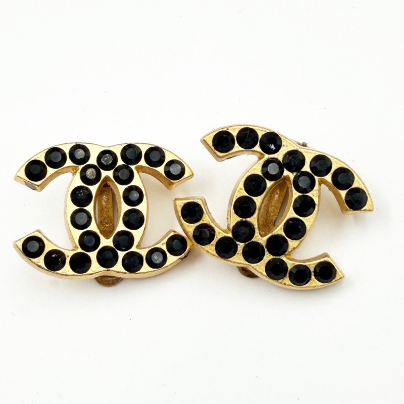Chanel Vintage CC Black Crystal Clip on Earrings