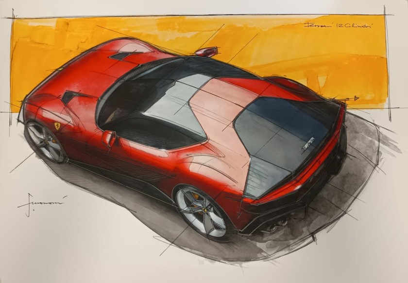 "Ferrari 12 Cilindri" Authentic Lithography Signed by Arch. Flavio Manzoni