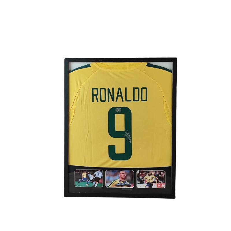 Ronaldo's Brazil Signed Shirt in a Deluxe High-Quality Frame