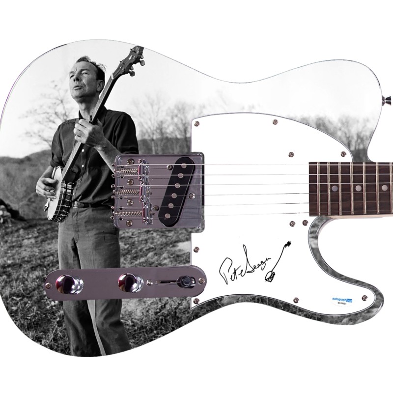 Chitarra grafica personalizzata firmata da Pete Seeger con schizzo di banjo