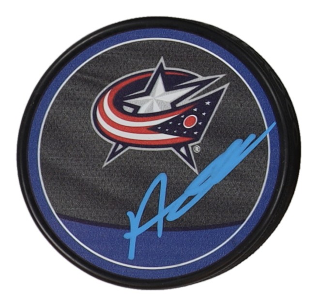 Alexandre Texier Signed Blue Jackets Logo Hockey Puck 