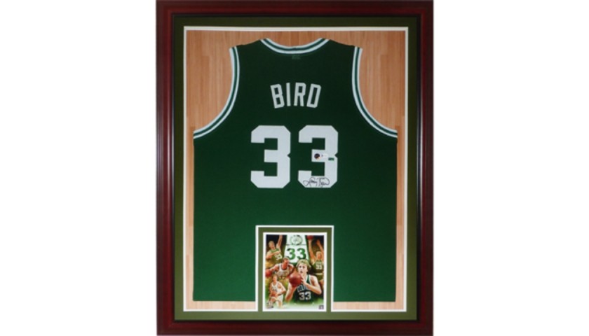 Larry Bird Autographed and Framed Green Boston Celtics Jersey