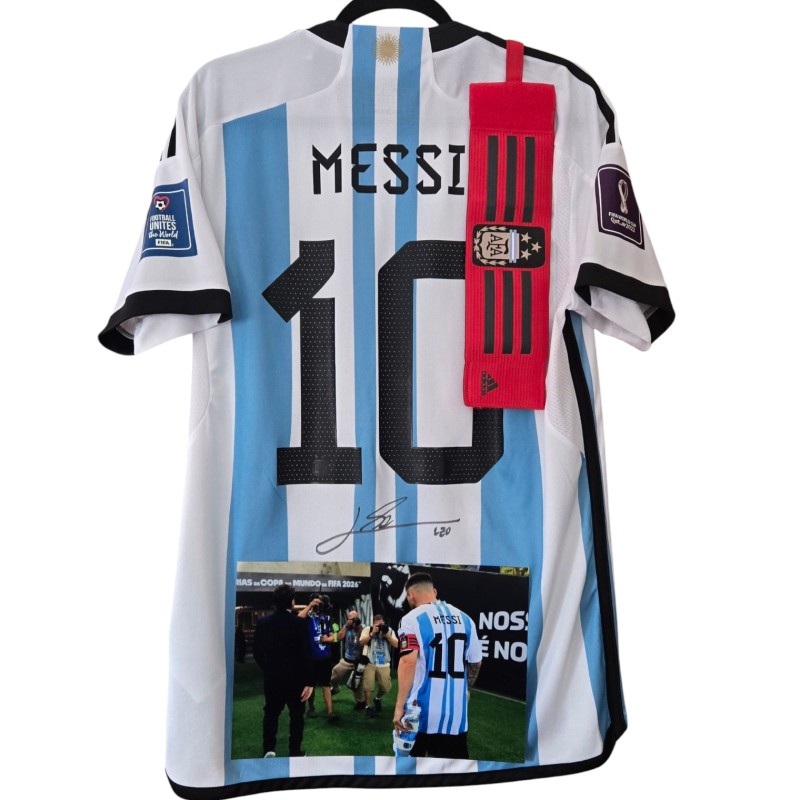 Messi's Argentina vs France Signed Official Shirt, World Cup Finals 2022 + Customized Captain's Armband