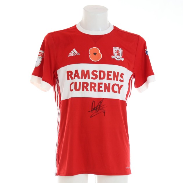 Daniel Ayala's Middlesbrough Signed Home Poppy Shirt