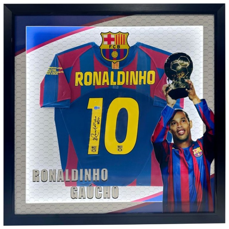 Camicia dell'FC Barcelona di Ronaldinho firmata e incorniciata con LED