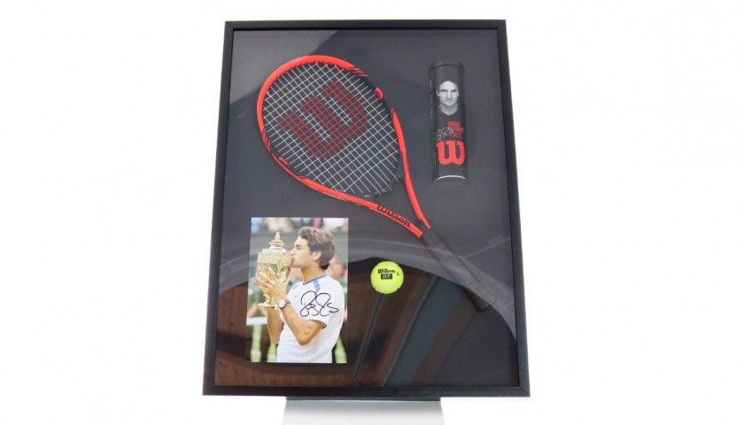 Roger Federer Ball, Racquet and Tube Montage + Signed Photograph
