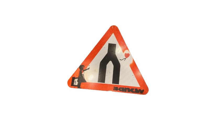 'Girl with Balloon' Spray Paint on Road Sign by Banksy - Dismaland Souvenir
