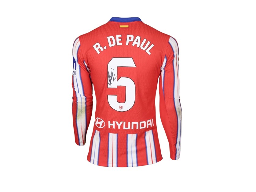 Maglia firmata dell'Atletico Madrid 24/25 non lavata e indossata durante la partita di Rodrigo De Paul