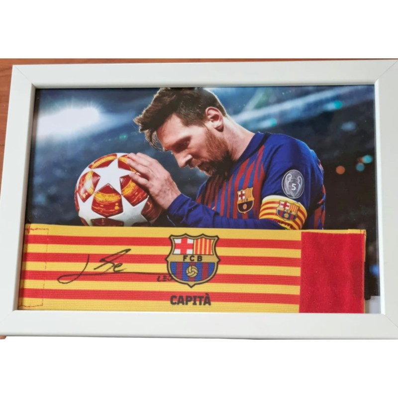 Barcelona Framed Captain's Armband, 2018/19 - Signed by Lionel Messi