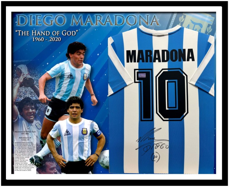 Maglia Argentina 1986 di Diego Maradona firmata e incorniciata