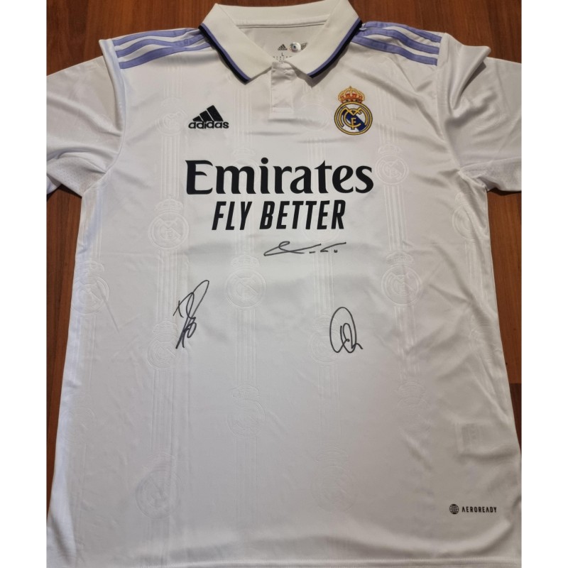 Luka Modric, Karim Benzema, Vinicius Junior Real Madrid Signed Replica Shirt