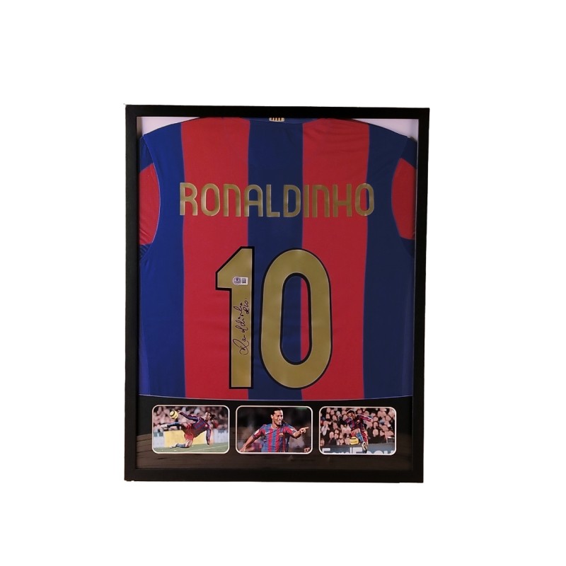 Ronaldinho's FC Barcelona Signed Shirt in a Deluxe High-Quality Frame
