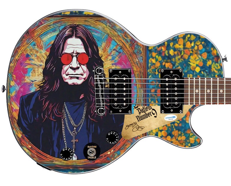 Chitarra Epiphone personalizzata firmata da Ozzy Osbourne con grafica "Artistic Legend".