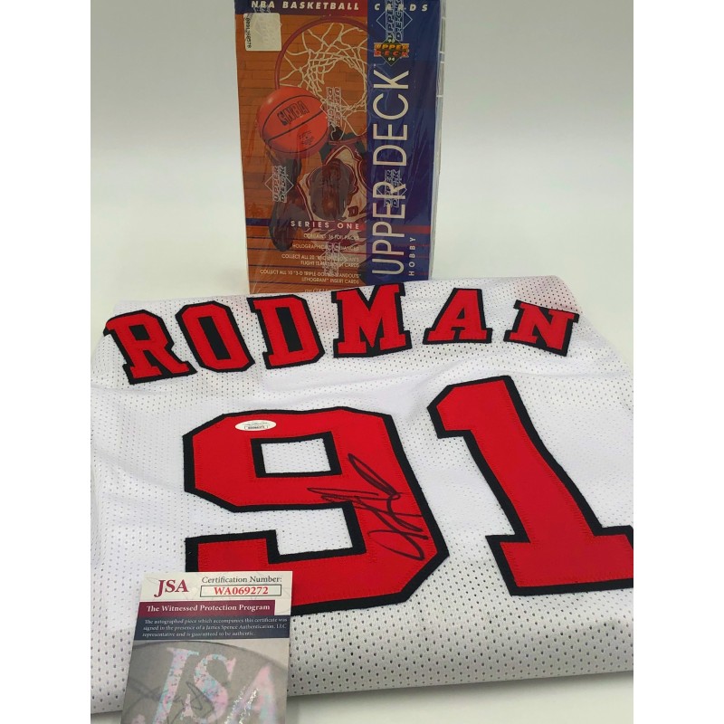 Maglia firmata di Dennis Rodman e scatola di carte collezionabili Upper Deck