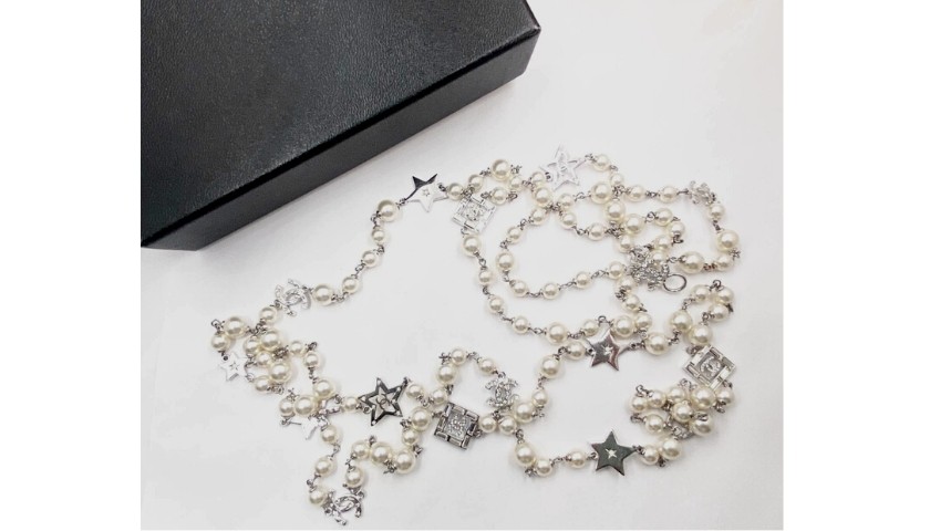 Chanel Rare Silver CC Star Crystal Faux Pearl Necklace