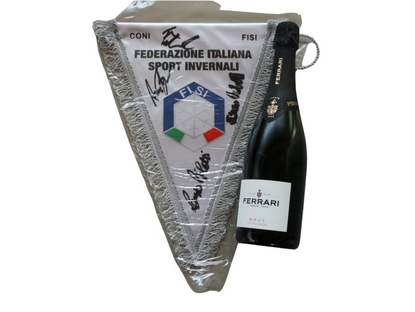 Bottle of Ferrari TrentoDOC + FISI Pennant – Signed by the Italian Bobsleigh Team Milano Cortina 2026