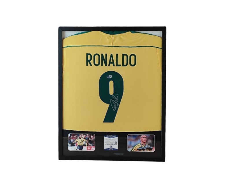 Ronaldo's Brazil Signed Shirt in a Deluxe High-Quality Frame