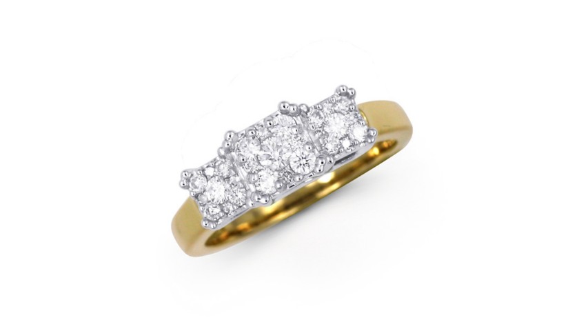 14KT Two-Tone Ring with 3 Square Diamond Clusters 1.00 Carats