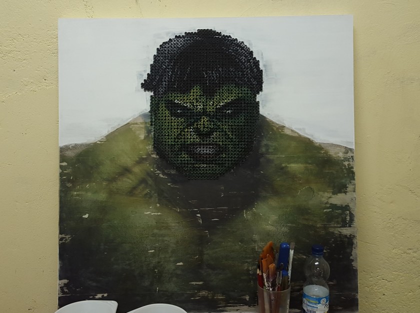 "Hulk" - acrylic on 2000 self-tapping screws - Drill Monkeys Art Duo - 81x81x7 cm
