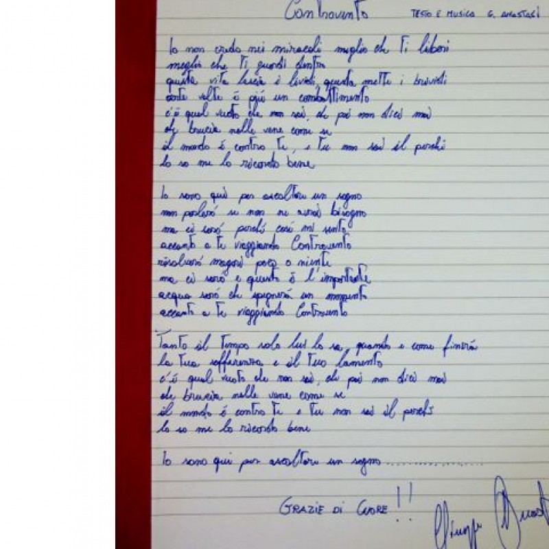 Manoscritto canzone "Controvento" vincitrice di Sanremo 2014 autografato dall'autore 