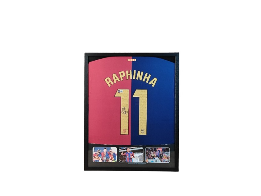 Maglia Barcellona Raphinha in cornice deluxe di alta qualità - Autografata