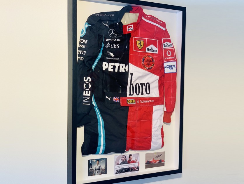 Michael Schumacher and Lewis Hamilton Race Suits with Signed Official Driver Cards
