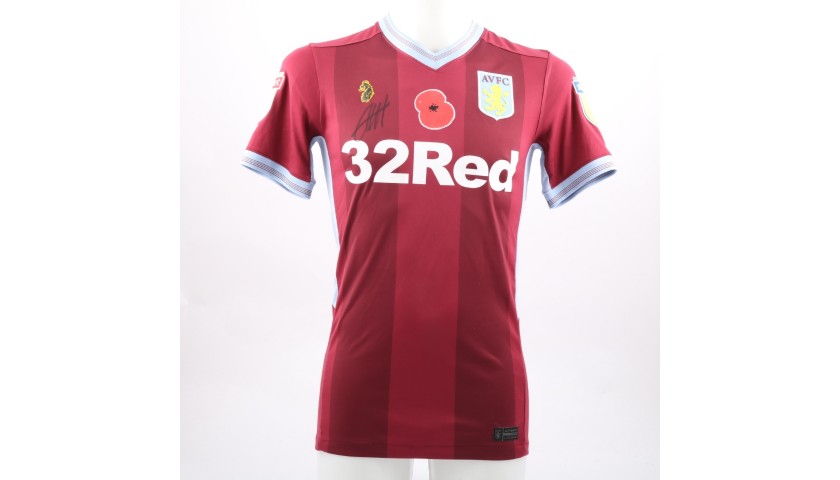 Conor Hourihane's Worn and Signed Aston Villa Home Poppy Shirt