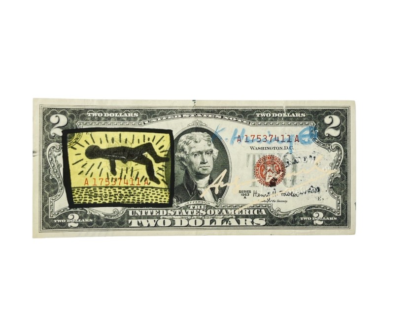 "Two dollars" signed and hand-drawn Artwork by Keith Haring and Andy Warhol