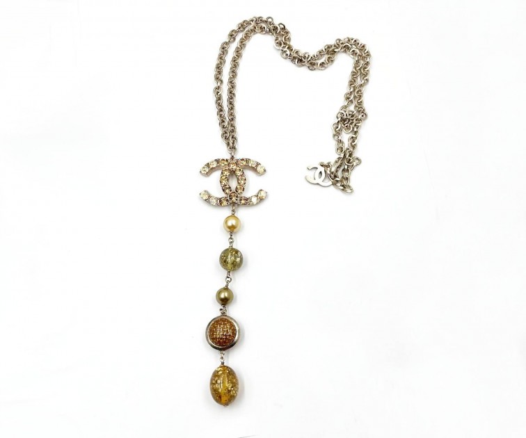 Chanel Pearl Bead Long Dangle Pendant Necklace