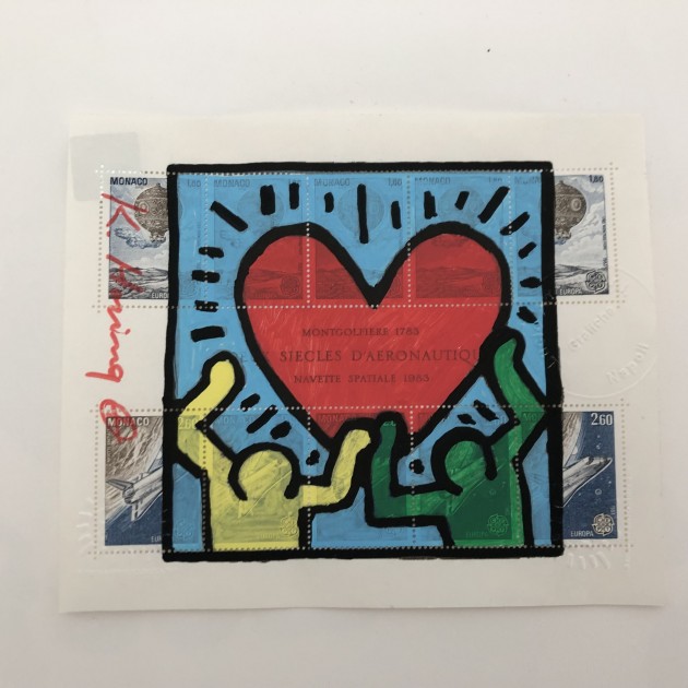 Drawing by Keith Haring on Sheet of Stamps