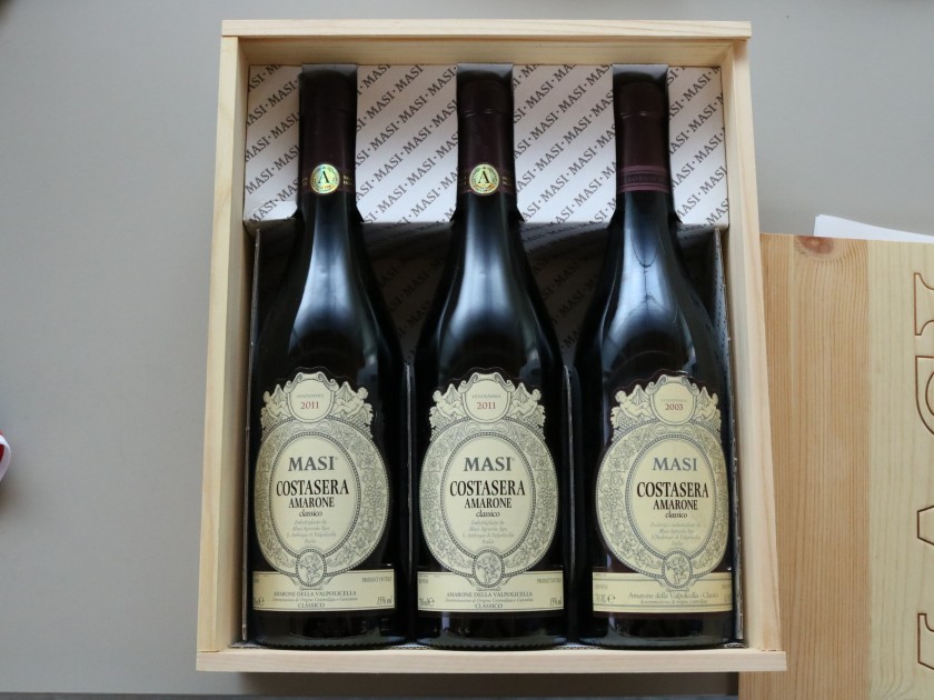 Collection of 3 Masi Costasera Amarone Bottles with Original Wooden Case