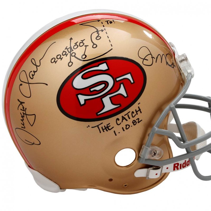 1982 Catch 49ers Helmet Hand Signed by Joe Montana & Dwight Clark 