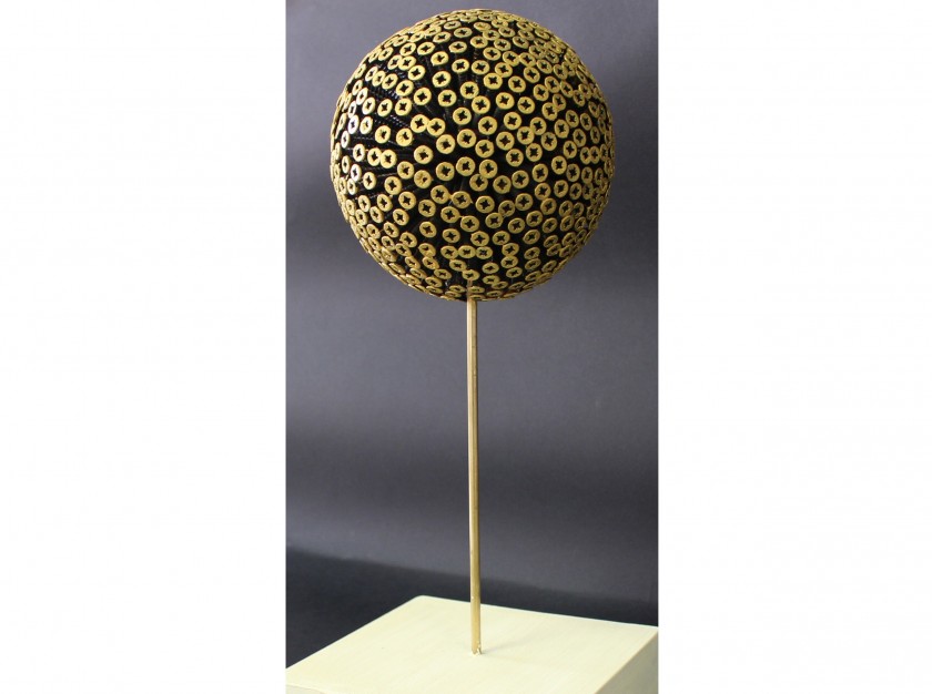 Drill Monkeys Art Duo "Planet Gold" - sphere with screws and wooden base - 15x36x15 cm