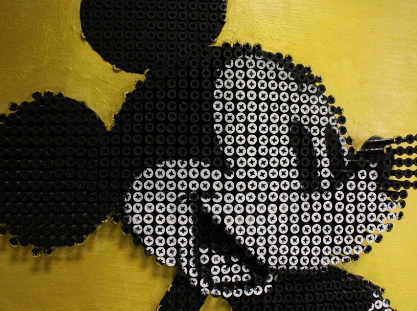 Drill Monkeys Art Duo "Mickey Mouse Gold" - acrylic on 3500 self-tapping screws - 61x81x8cm