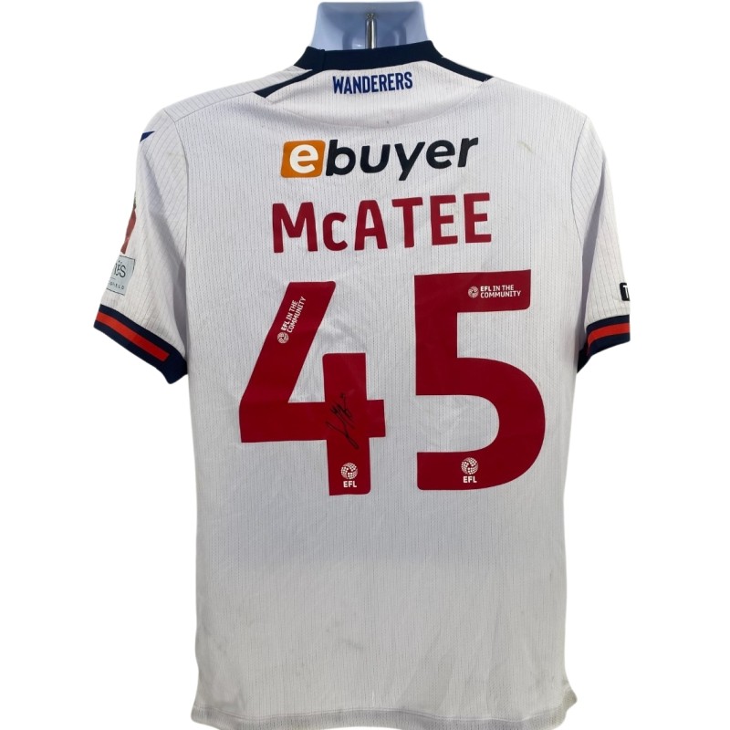 La maglia del Bolton Wanderers firmata da John McAtee e indossata durante la partita