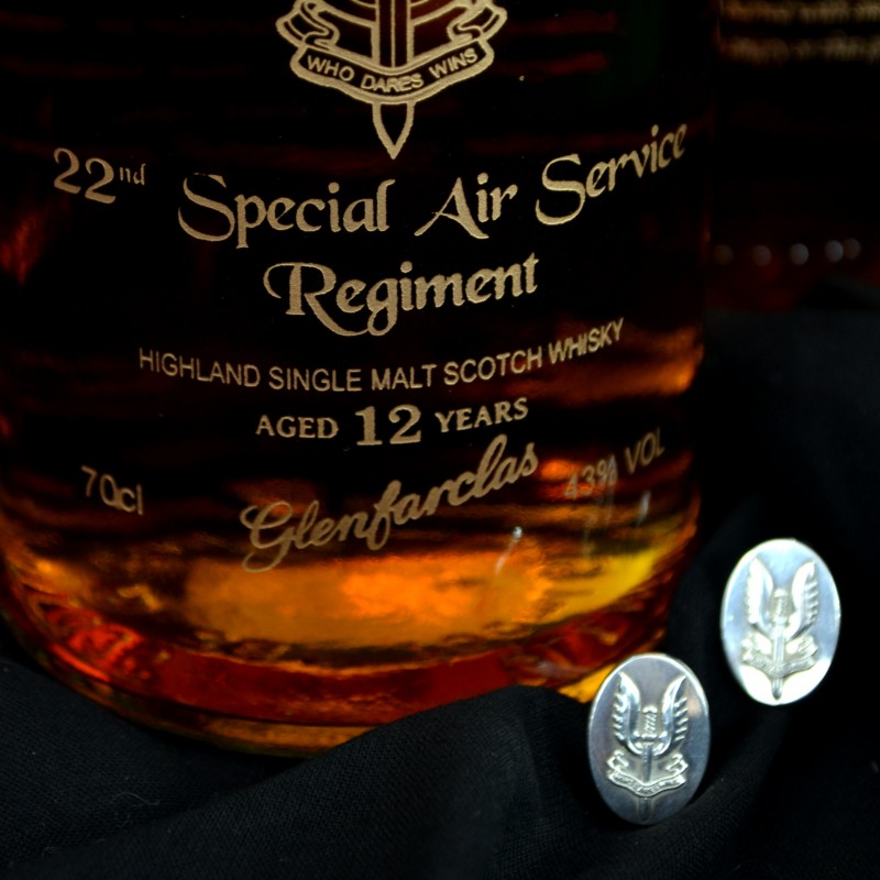 SAS Pair of Silver Cufflinks and Bottle of SAS Inscribed Single Malt Whisky