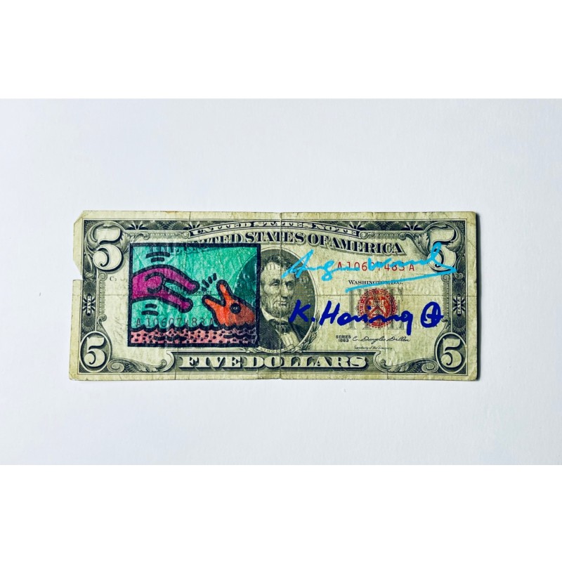 Cinque dollari serigrafati firmati a mano da Keith Haring e Andy Warhol