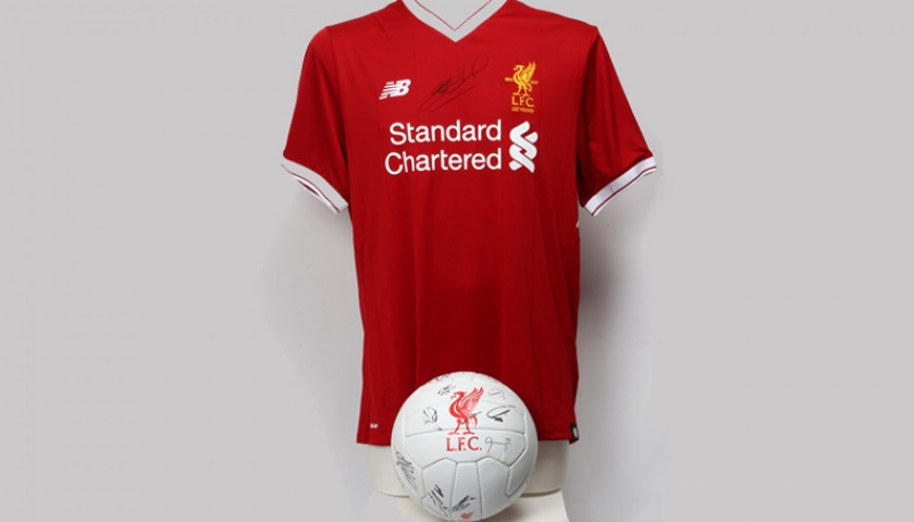 2017/2018 Liverpool FC Shirt Signed by Steven Gerrard and Football Signed by the First Team