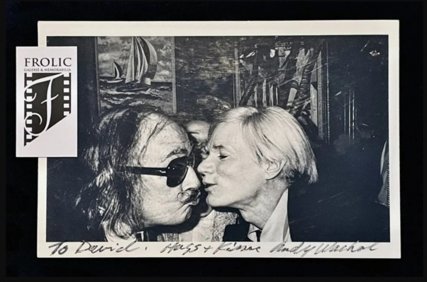 "Kissing Salvador Dalí" Photo Postcard Signed by Andy Warhol