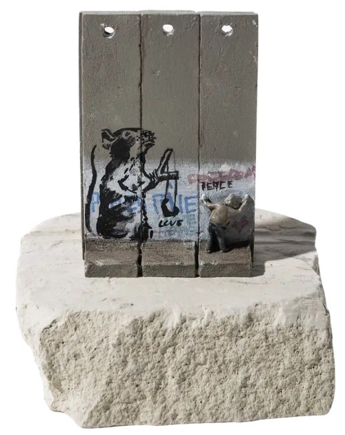 "Souvenir Wall Three Part (Slingshot Rat)" by Banksy