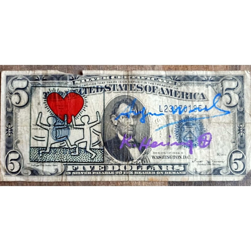 Keith Haring, Andy Warhol and Lucio Amelio Signed Five Dollars Banknote