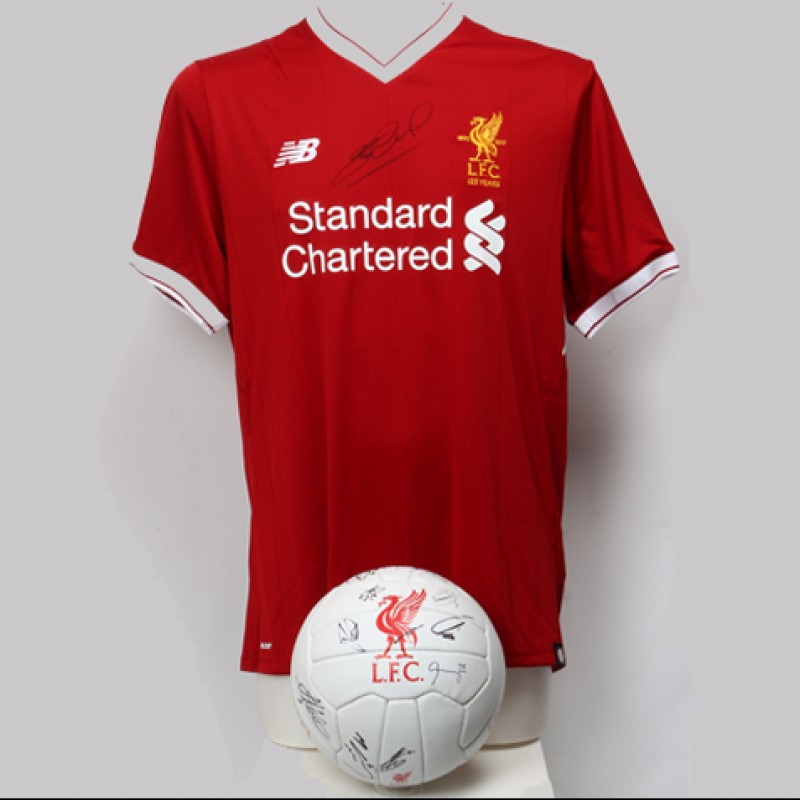 2017/2018 Liverpool FC Shirt Signed by Steven Gerrard and Football Signed by the First Team