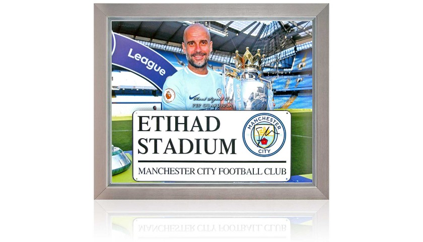 Pep Guardiola Signed Etihad Stadium Street Sign Manchester City Presentation