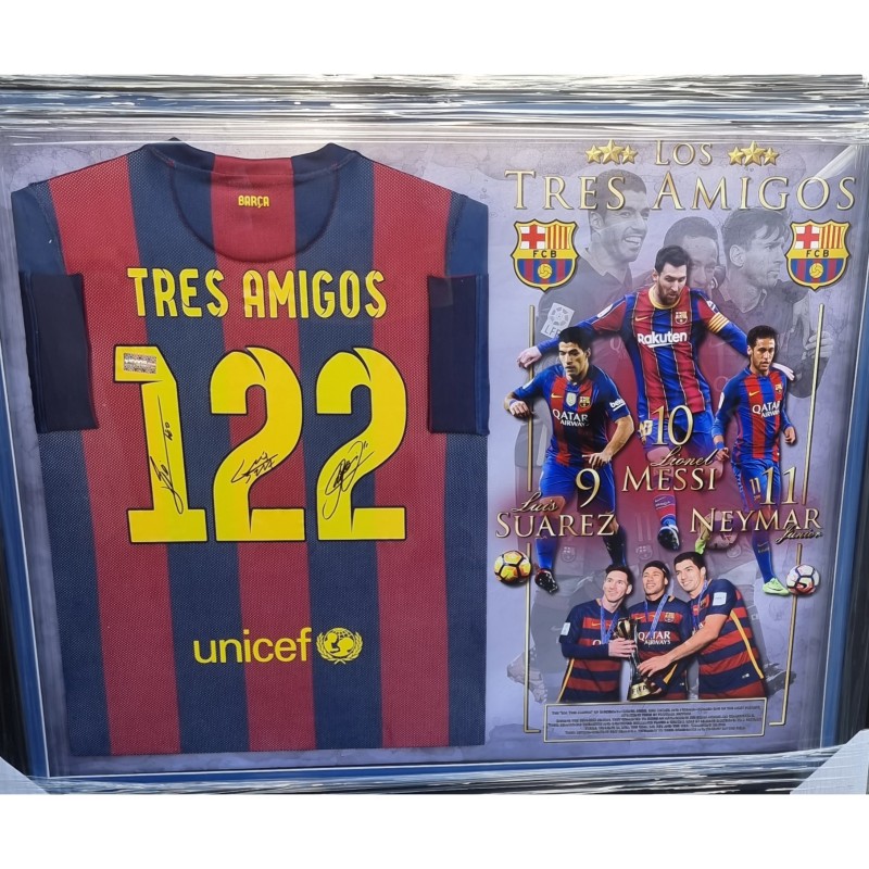 Lionel Messi. Neymar Jr And Luis Suarez Tres Amigos FC Barcelona Signed And Framed Shirt