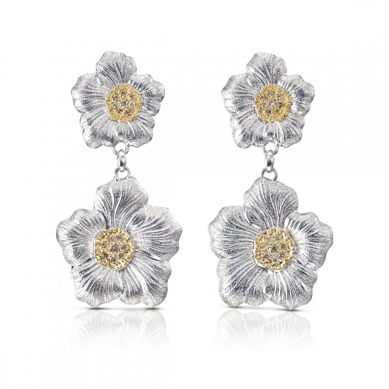 Gardenia Blossoms Earrings in Silver and Gold with Brown Diamonds